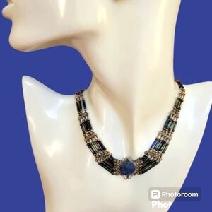 HANDMADE Sodalite Holographic Glass Beaded Esclavage Peruvian Necklace